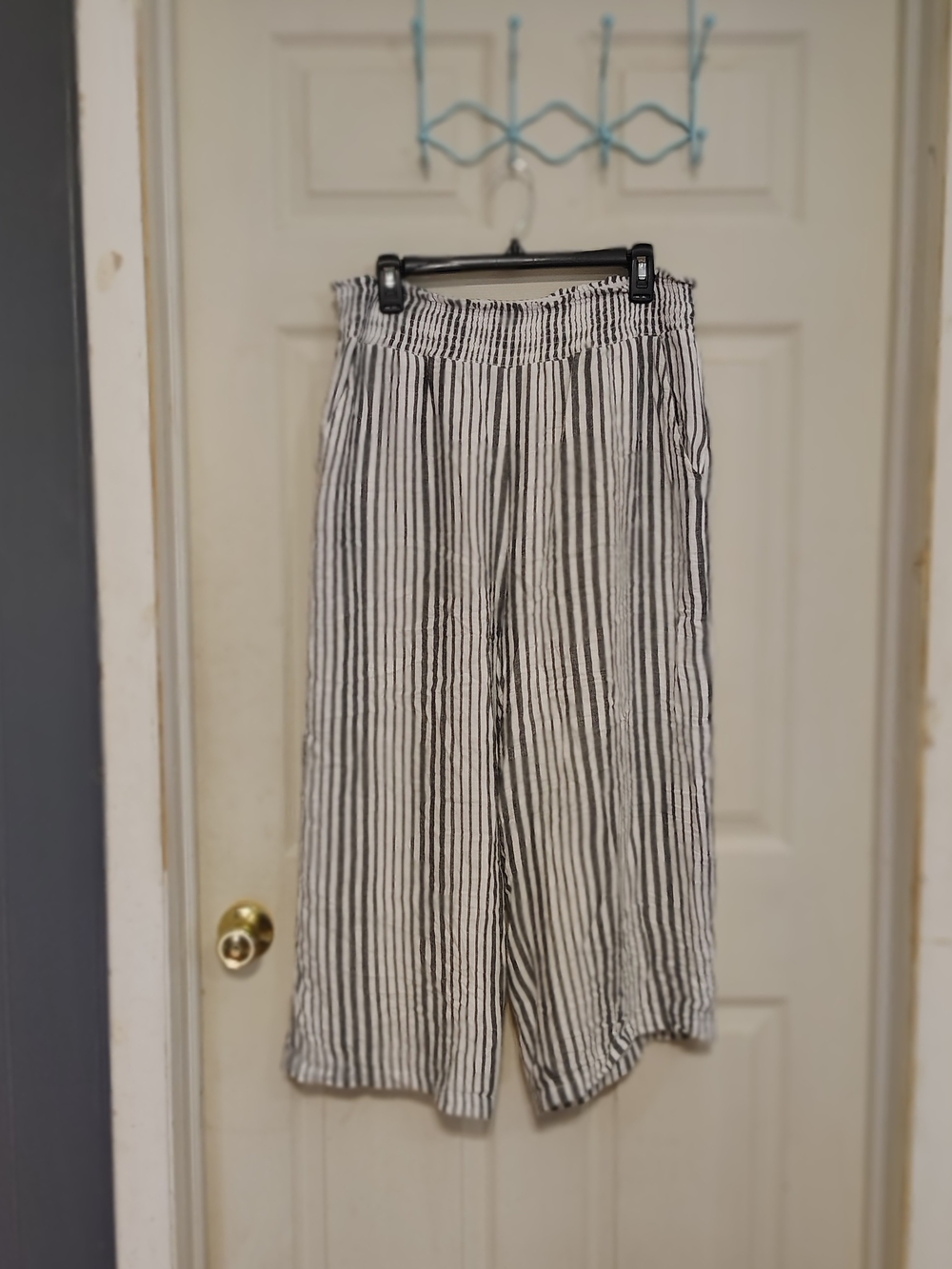 French Laundry Womens XLarge Gray White Striped Smocked Wide Leg Pants